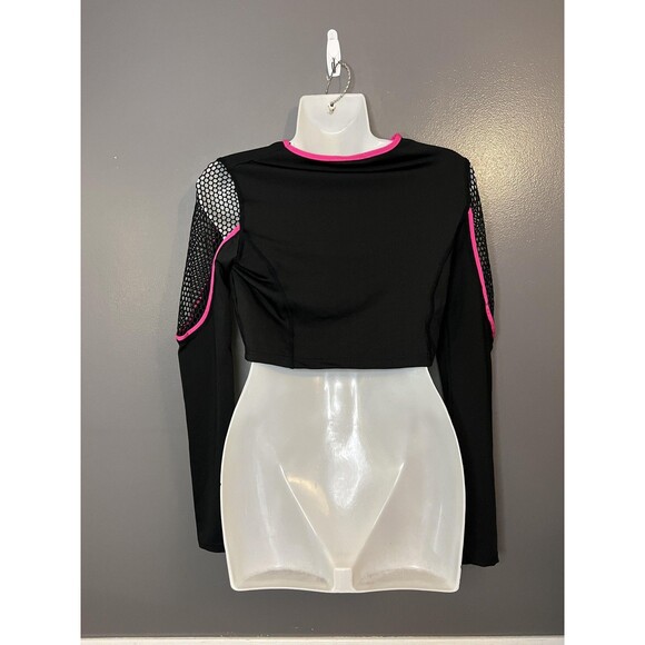LOVE LOVE LOVE Shirt Womens Medium Black Pink Crop Top Mesh Fishnet Long Sleeve - Picture 4 of 7